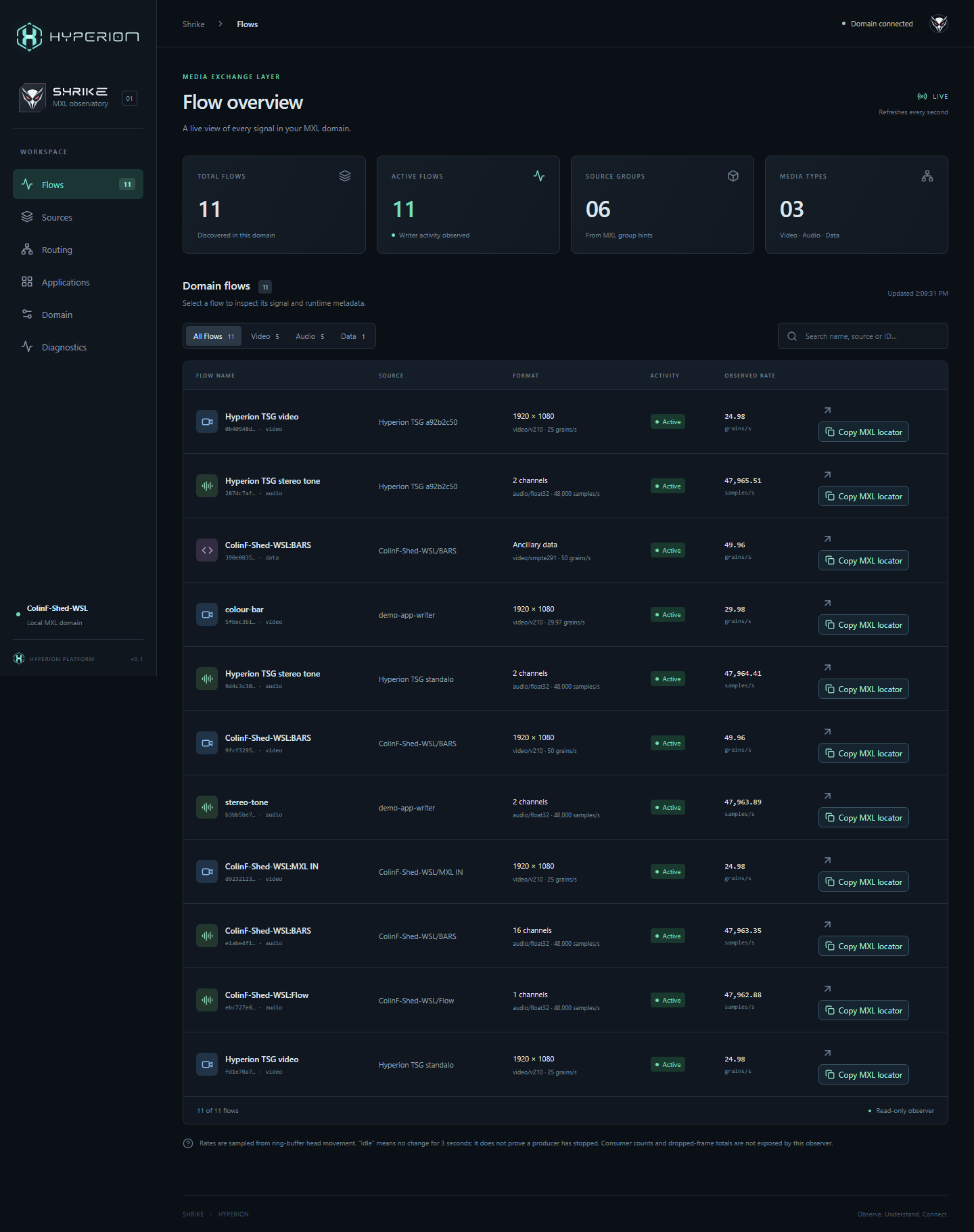 Shrike interface showing discovered video, audio and data flows, activity and observed rates